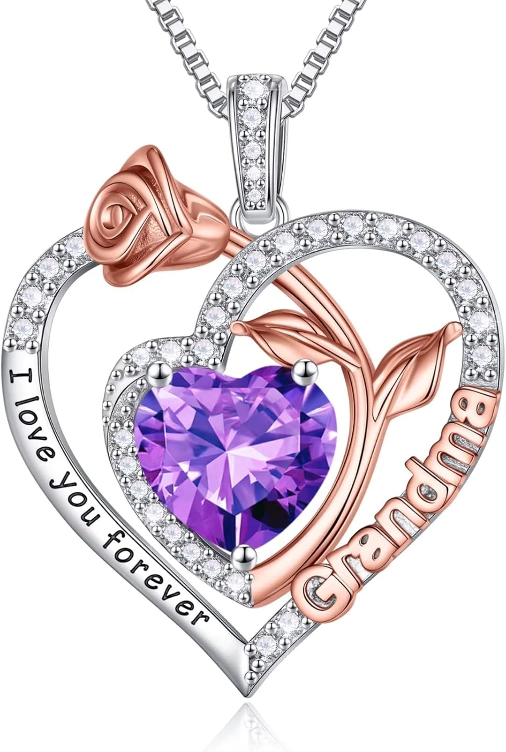 Iefil Birthstone Grandma Necklace - 925 Sterling Silver Rose Heart Pendant for Mothers Day Birthday Gifts