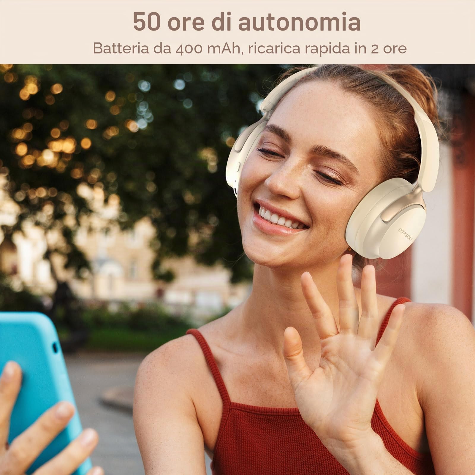 B8 Cuffie Bluetooth su orecchio, 6 EQ modalità musicale e cuffie basse basse profonde da 50 ore con microfono, leggero Stereo pieghevole HiFi beige bianco