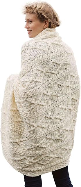 100% Irish Merino Wool Plaited Aran Celtic Cream Couch Throw Blanket 40x 66 by Carraig Donn