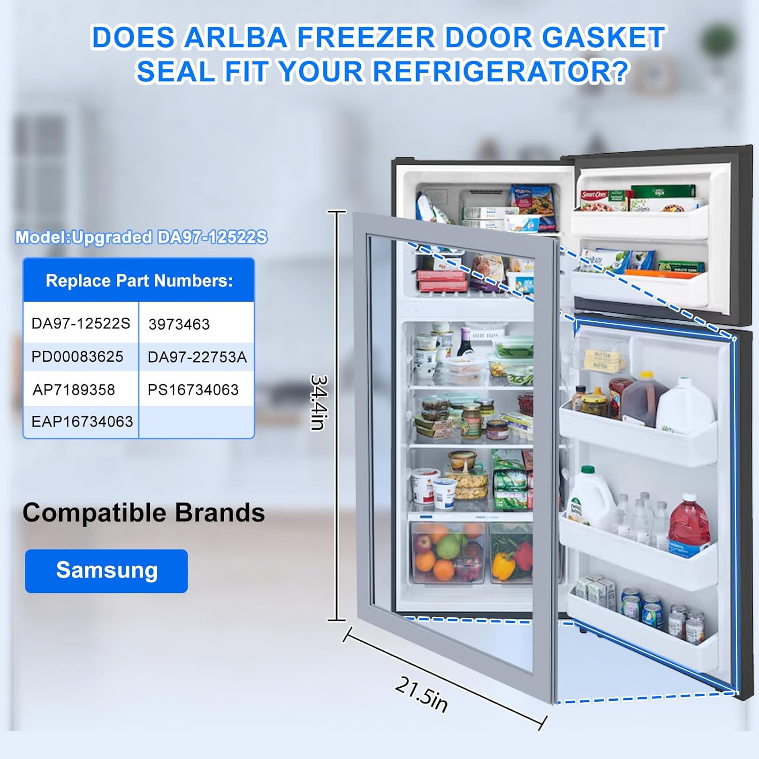Upgraded 34.4"x21.5" DA97-12522S Refrigerator French Door Gasket Compatible with Samsung Refrigerator Gasket Fridge Seal Part Replaces 3973463 PD00083625 DA97-22753A AP7189358 PS16734063 EAP16734063