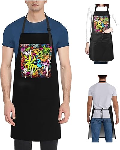 Miniatura 9 de Graffiti Drawing Aprons for Women with 2 Pockets, Kitchen Cooking Apron for Men, Water and Oil Resistant, Adjustable Bib Apron Extra Long Work