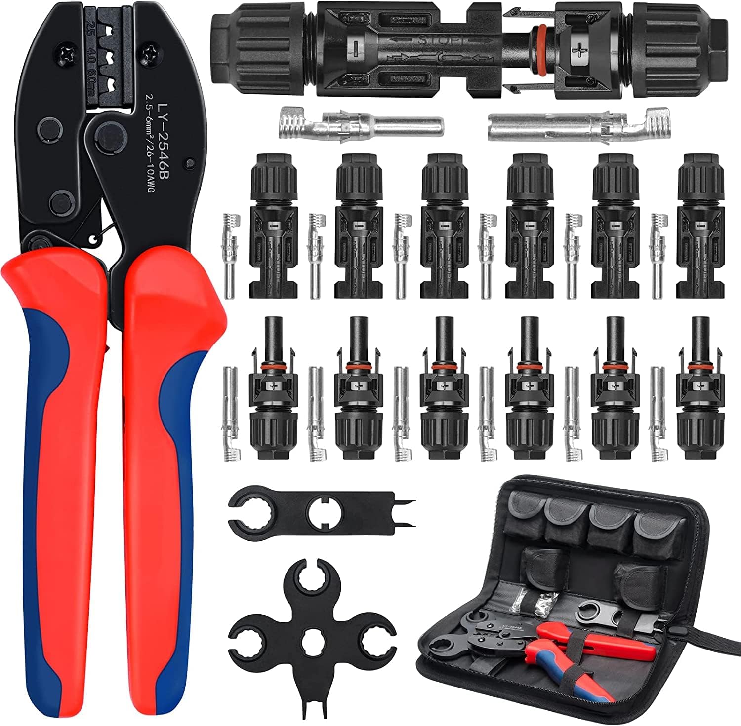 Oududianzi Solar Crimping Tool Kit for Solar Panel Connectors, including Crimper, 6 Pairs Solar Connectors, 2PCS Spanner Wrench, Wire Crimping Tool Kit for Solar Panel Cable Assembly and Installation