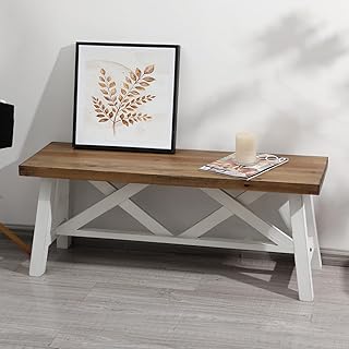 Wnutrees 43" Farmhouse Wood Bench, Rustic Solid Wood Entryway Bench Seat with Double X-Structure for Dining Room, Living R...