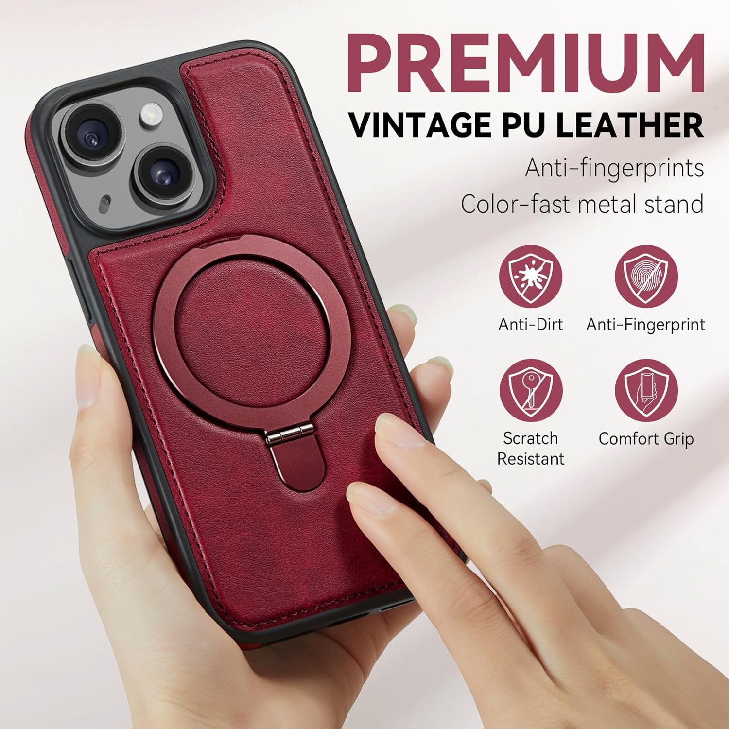 Compatible with iPhone 14 Plus Case with Stand, Compatible with MagSafe, Slim PU Leather & Durable TPU Plustective Cover Drop-Plusof with Tempered Glass Screen Plustector 6.7", Red - Image 7