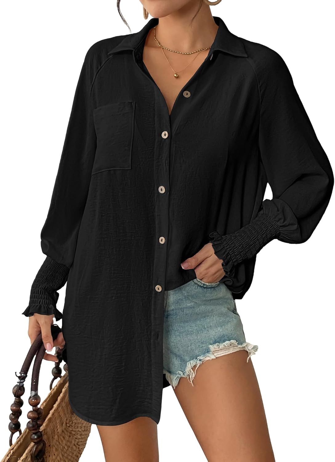 Bsubseach Button Down Shirt for Women Blouses Top Casual Long Sleeve Gauze Summer Outfits