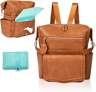 Diaper Bag Backpack with 14 Pockets, Leather Baby Bag, Convertible Boho Backpack, Large Diaper Bag Tote, 6 Bottle Pockets, Wipes Pouch, Changing Pad, Insulated Pockets (Brown)