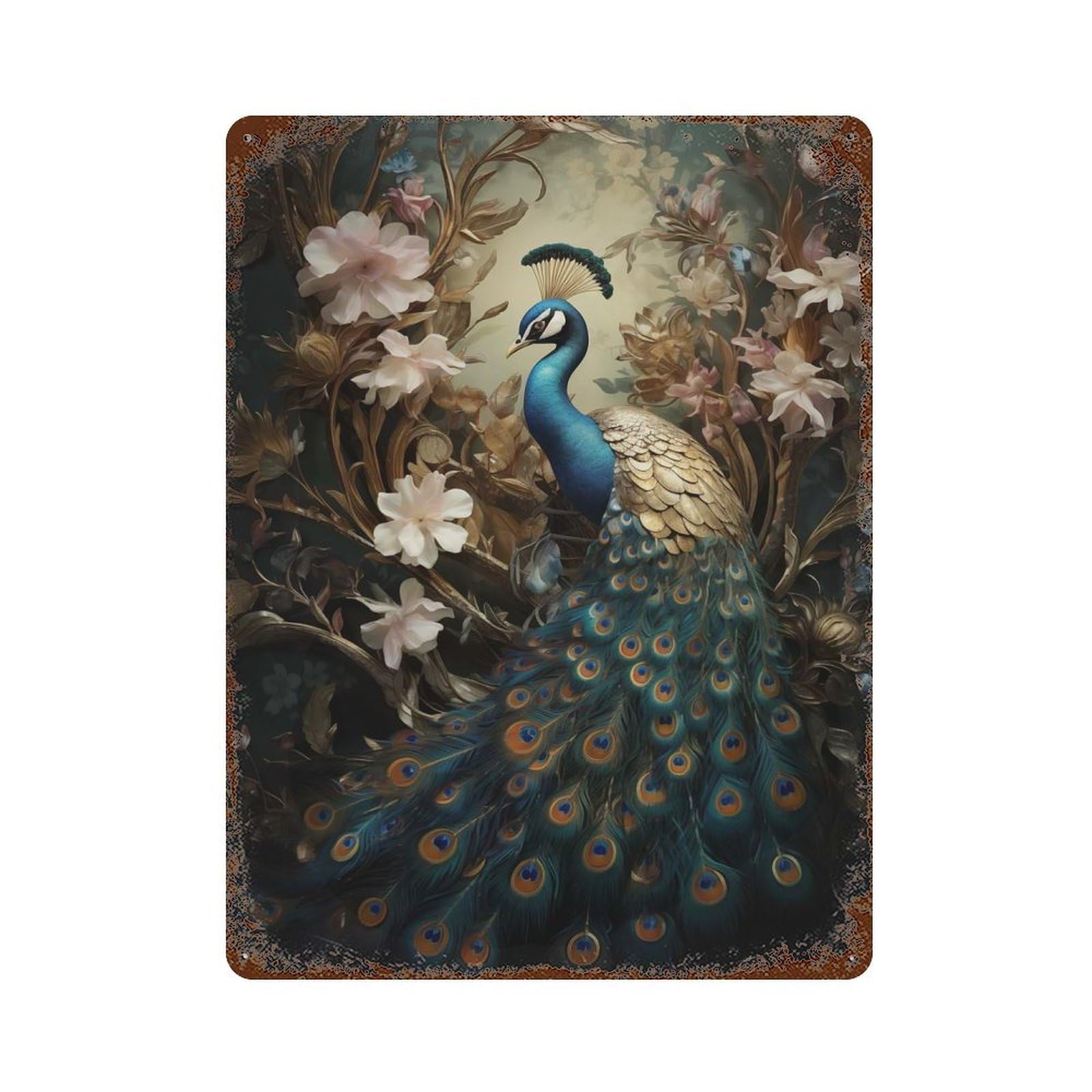 Peacock in Floral Frame 15.7"x11.8" Vintage Rust Metal Sign, Decorative Metal Wall Art for Farmhouse, Kitchen And Entryway Decor