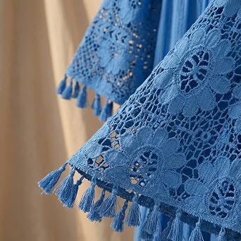Akivide Summer V Neck Boho Lace Maxi Dresses for Women Loose Tassel Beach Dress Swing Flowy 3/4 Sleeve Long Dress