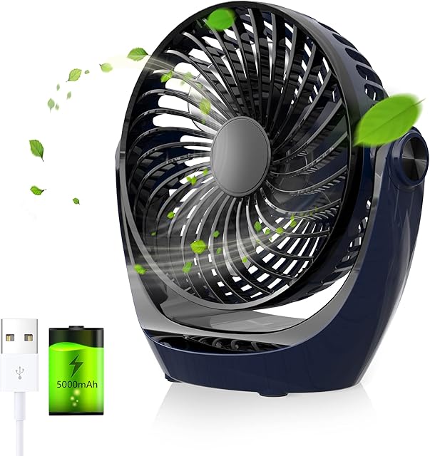 HFAN Portable Desk Fan, 5000mAh Rechargeable Battery Operated USB Desk Fan Table Fan with Strong Airflow & Quiet Operation 3 Speed 360°Rotatable Head for Camping Home Office Bedroom and Desktop
