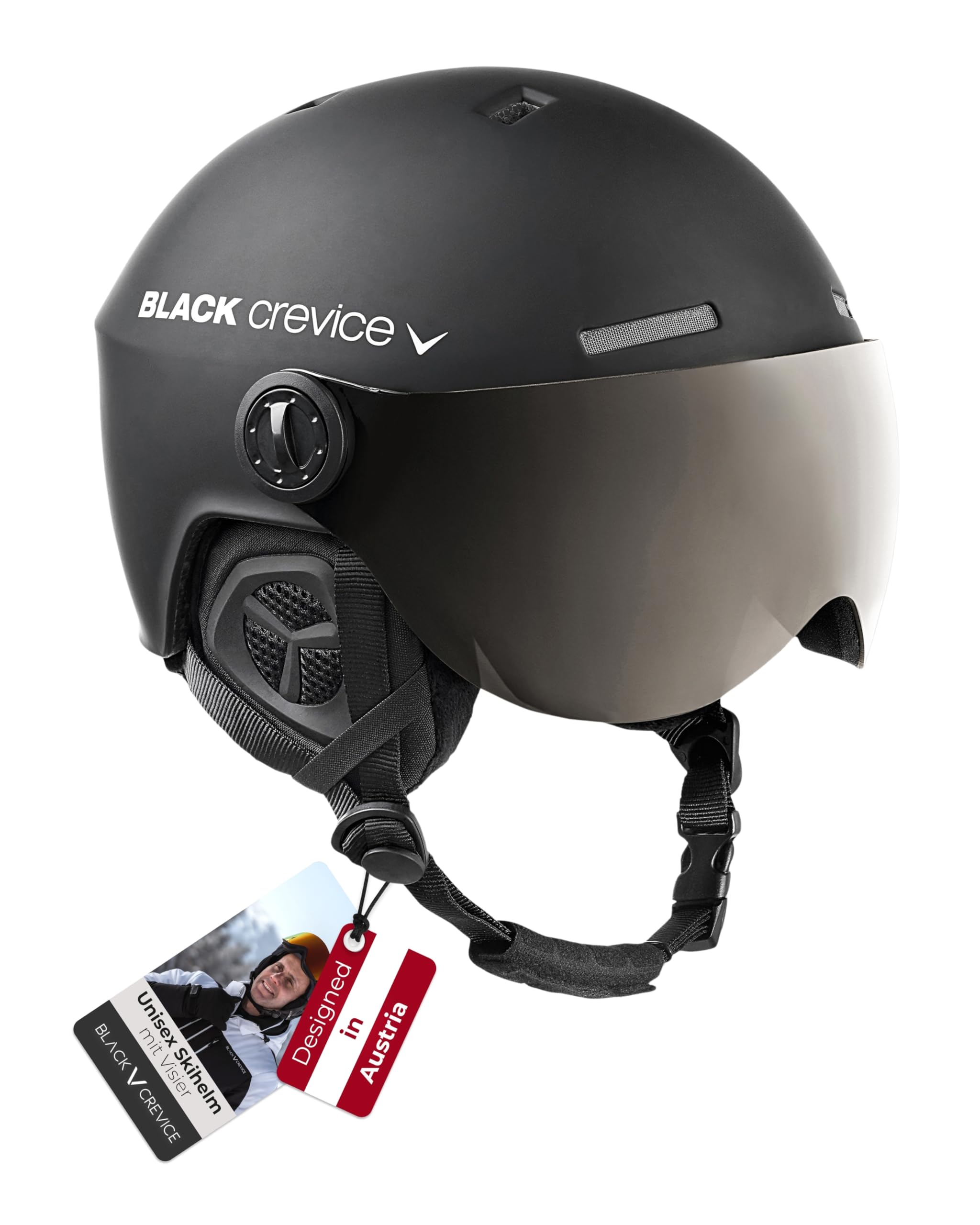 BLACK CREVICE Skihelm Gstaad Mit Visier im Pilotenstyle für Herren & Damen | Aus Polycarbonat | Atmungsaktiv | Größenverstellbar