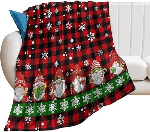 Mantas de invierno con texto en inglés "Merry Christmas" para sofá y cama, color rojo y negro, diseño de gnomos y copos de nieve, suaves, disponible en Yaxa Peru