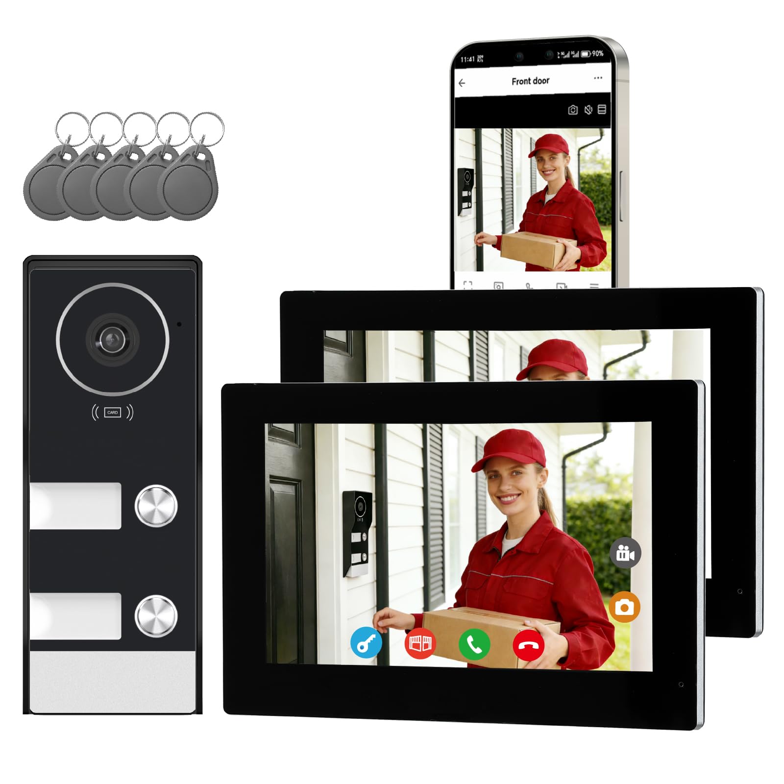 Sistema Videocitofonico Domestico Intelligente, videocitofono cablato con 2 Schermi da 7 pollici, Sblocco Remota, Audio Bidirezionale, RFID, visione notturna,per 2Famiglie