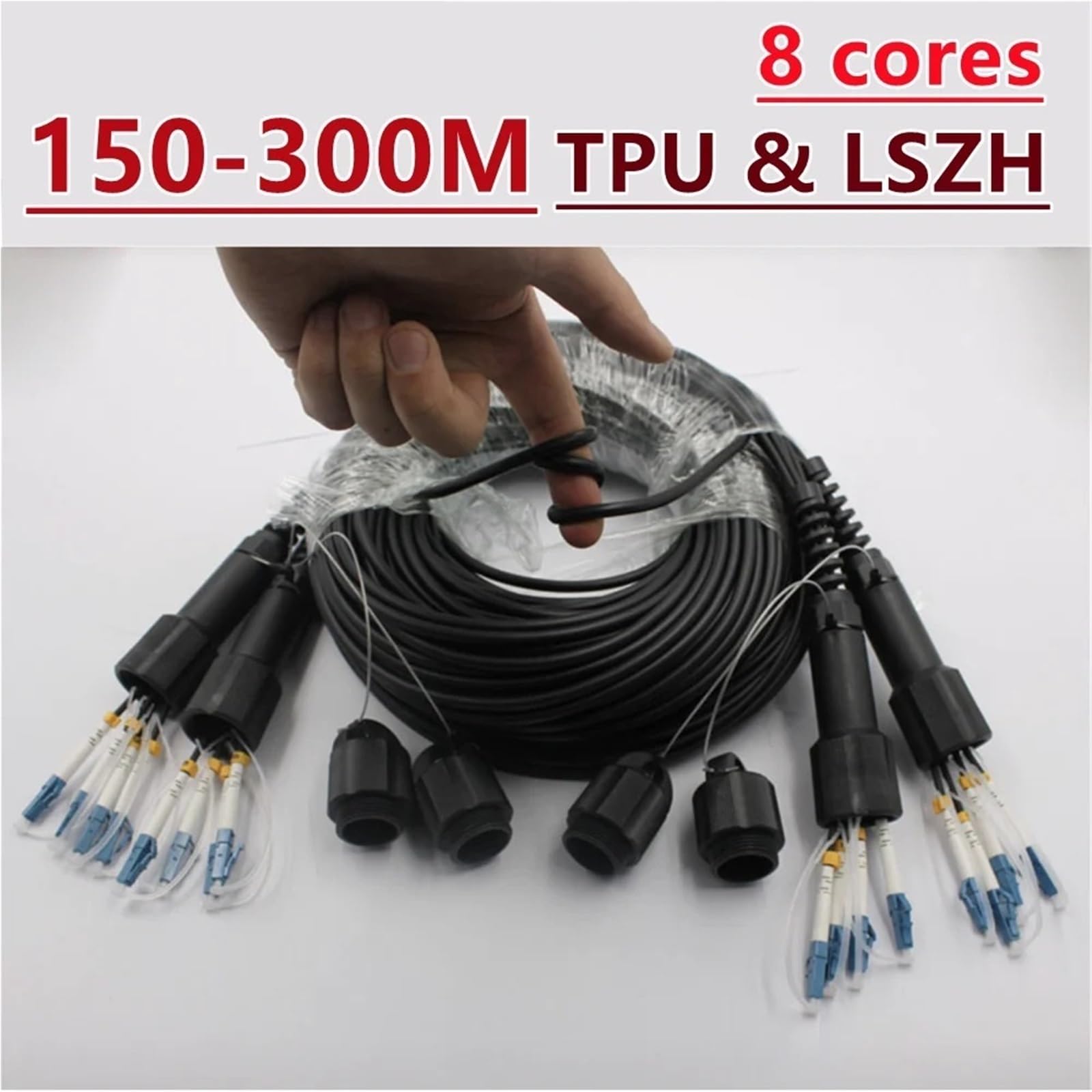 Câble de raccordement à fibre optique 8 noyaux, 150 m à 300 m, LSZH SM, noir, PDLC 8C, SC, LC, FC, ST, poli angulaire, 200 m (250 m TPU SC-SC)