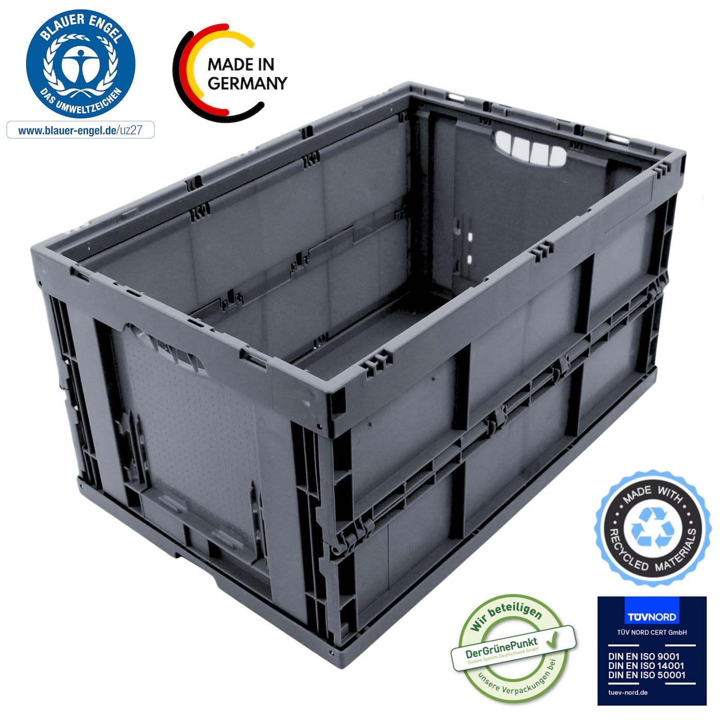Klappbox stabil faltbar, Klappkiste groß 60L, Made in Germany, TÜV zert., Transportkiste klappbar, Faltbox mit Griff, 60x40x32 cm, Traglast bis 50kg, Grau