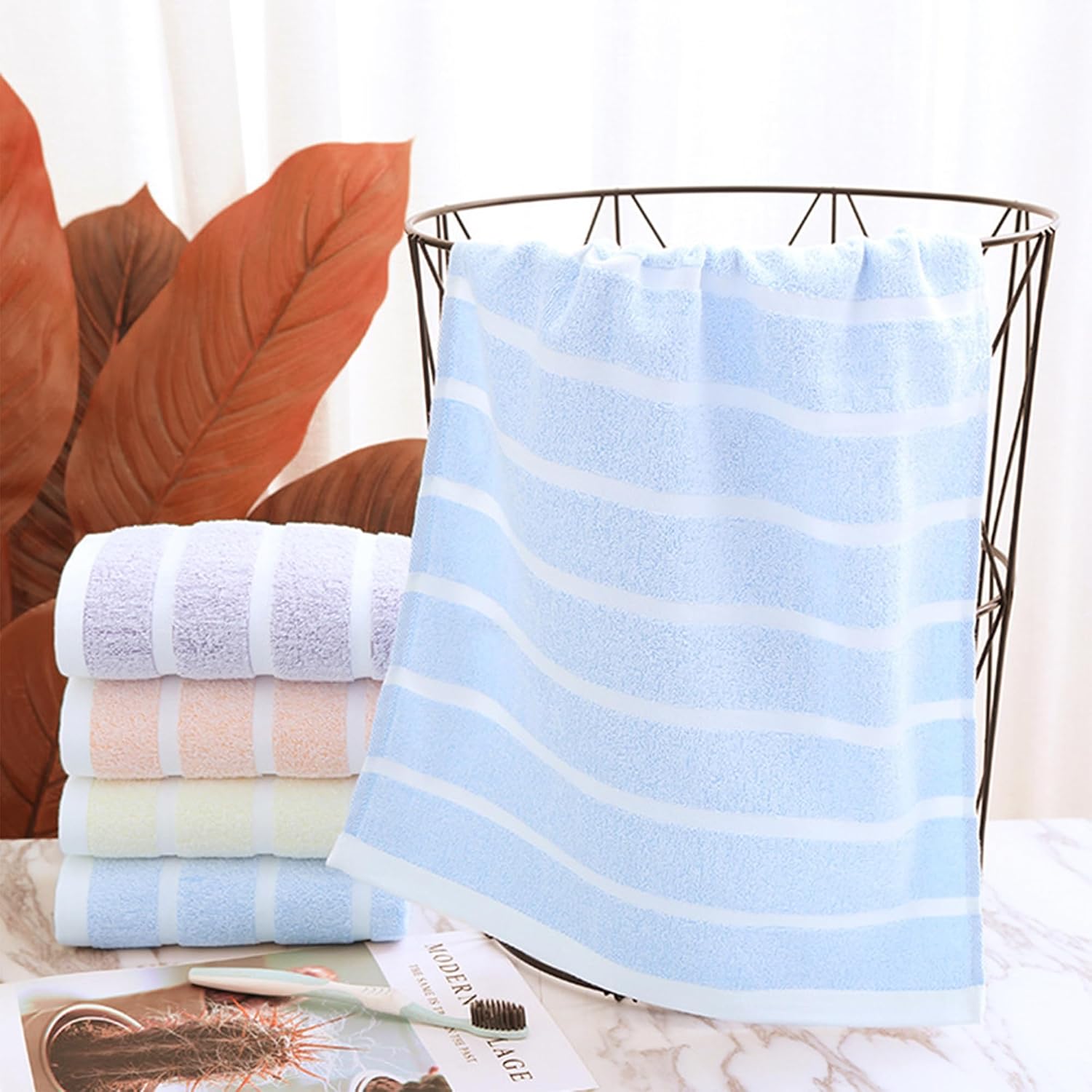 Striped Cotton Bathroom Hand Towels Blue-1 | Absorbent Soft Decorative Hand Towel Set for Kitchen, Spa, Gym, Home Decor