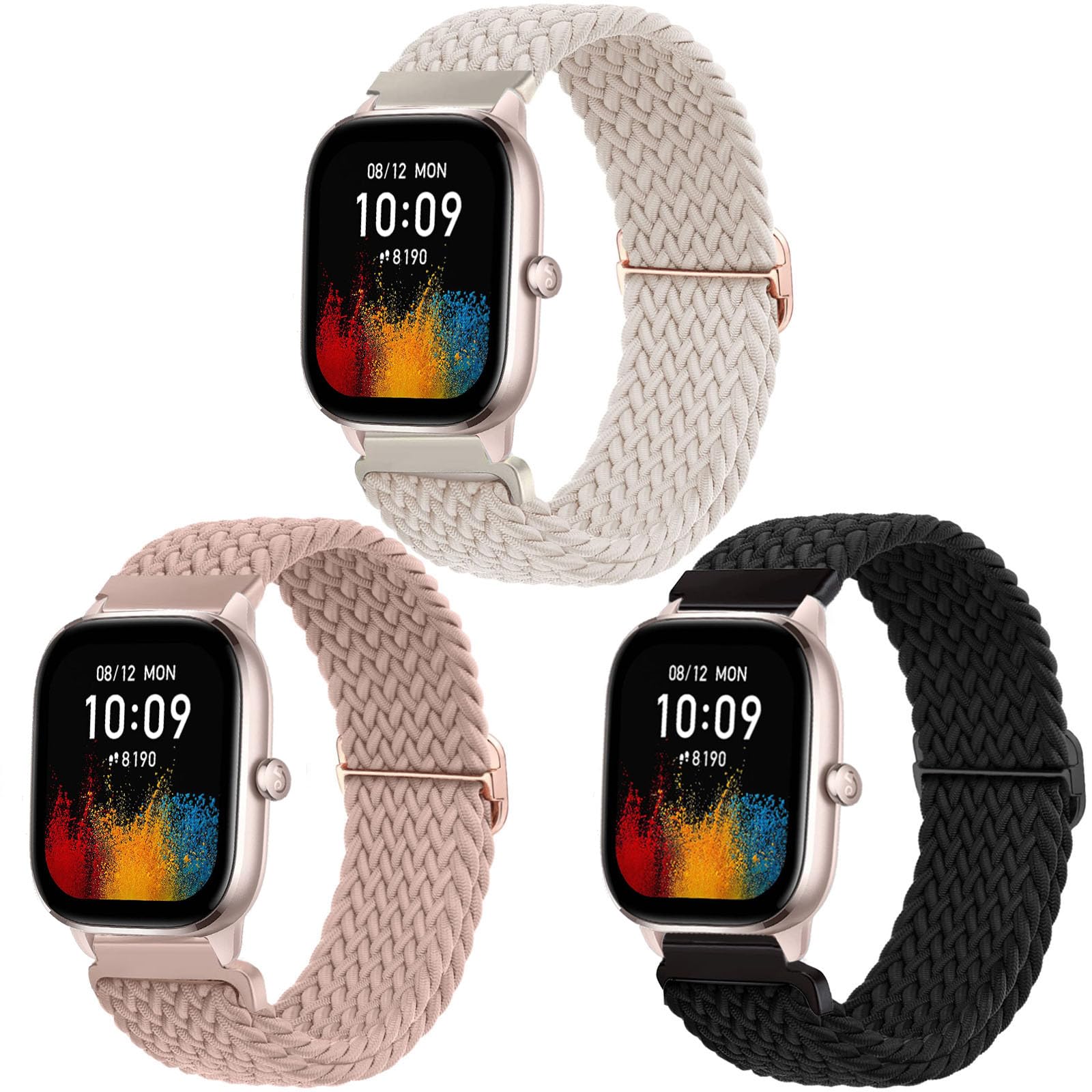 ViCRiOR 3 Pack Braided Stretchy Solo Loop Watch Bands for Amazfit Active 2/GTS/GTS 2/GTS 2e/GTS 2 Mini/GTS 3/GTS 4 Mini/GTS 4/GTR Mini, Elastic Nylon