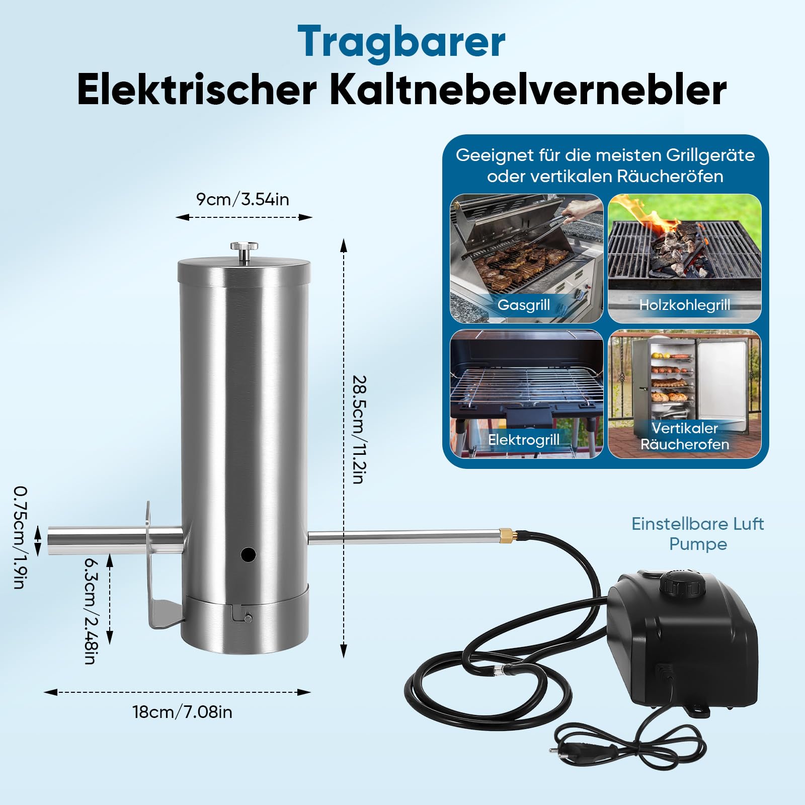 Kaltrauchgenerator für Räucherofen mit Pumpe Elektrisch, Edelstahl Smoker Zubehör Kompakt für Kalträuchern Von Fisch, Fleisch & Käse 3-4H Dauerrauch,Kalträucherofen