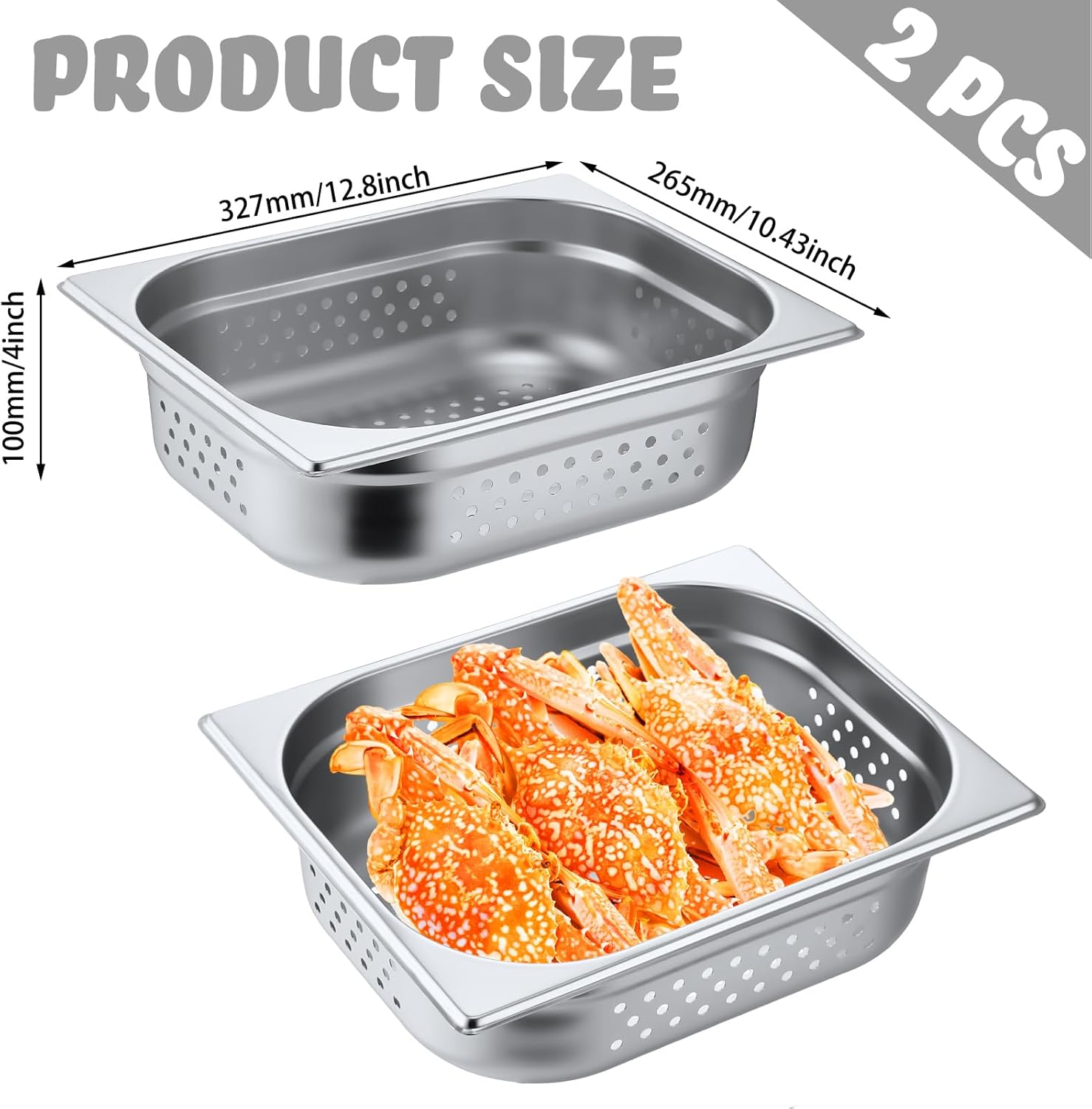 Lounsweer 2 Pack Half Size Hotel Pans Perforated Steam Table Pan Stainless Steel Half Steam Pan Commercial Catering Food Pan for Kitchen Restaurant Serving Supplies(12.8'' x 4'' x 10.43'')