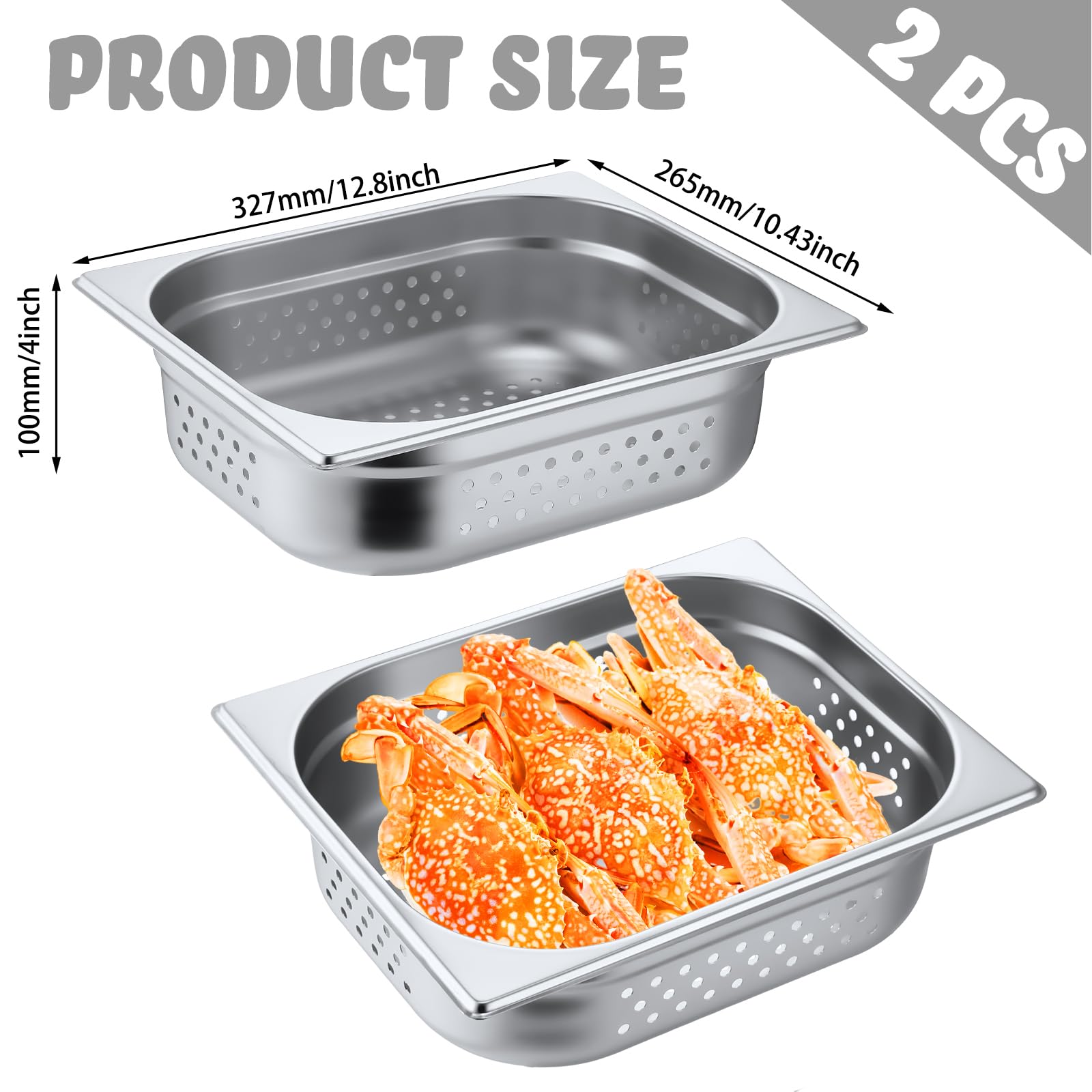 Lounsweer Paquete de 2 sartenes de vapor perforadas de acero inoxidable de tamaño completo, mesa de vapor perforada, sartén de alimentos para catering comercial, bandeja de alimentos para suministros
