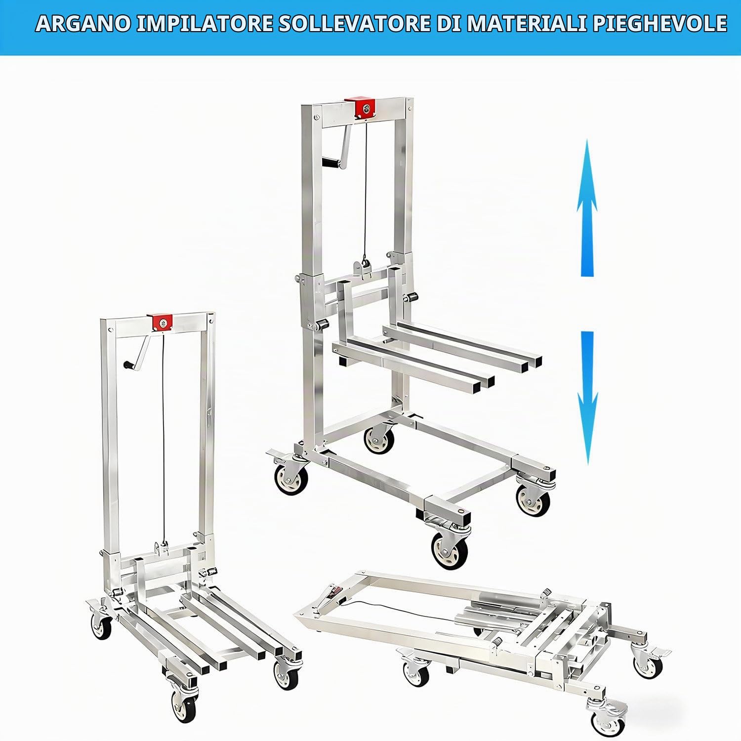 Impilatore manuale per verricello con sollevamento materiale, capacità 60 kg, altezza massima 85 cm, carrello elevatore in acciaio leggero pieghevole da 15 kg per progetti domestici, installazione di