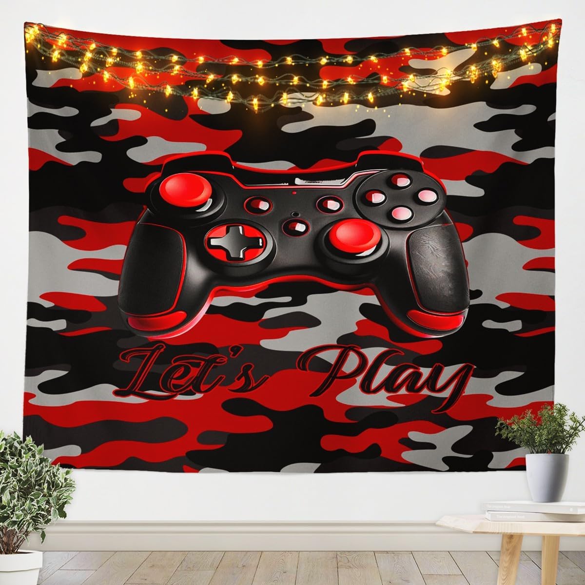 Gaming Gamepad Kids Tapestry,Camouflage Video Game Controller Wall Tapestries,Boys Girls Men Room Decor,Modern Gamer Reversible Wall Hanging,Red Black Camo Home Wall Decor,XLarge 70.9 x 92.5 Inches