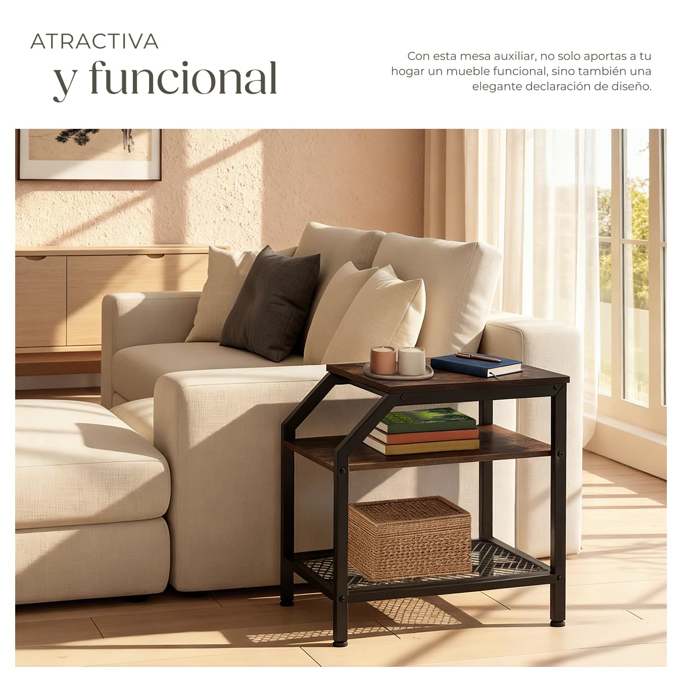tectake® Mesa Auxiliar Madera y Acero, 2 Estantes, Mueble Auxiliar Salon, Dormitorio y Oficina, Decoracion Hogar, Mesitas de Noche - 58,5 x 36,5 x 59,5 cm Madera Industrial Oscura, Rústica