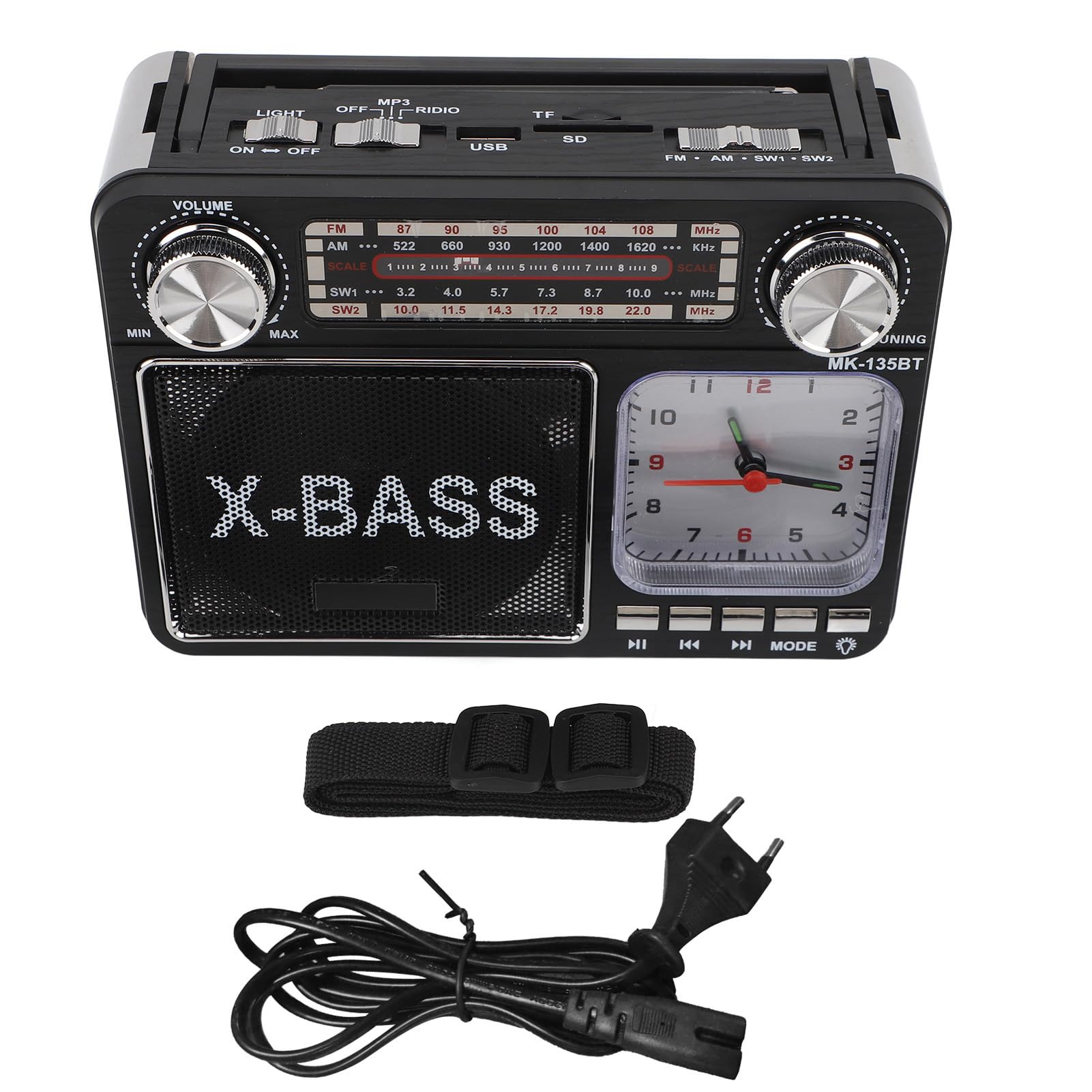 Altavoz Bluetooth Radio Estilo Retro, Radio Portátil Am FM SW, Radio de Sintonización Manual Inalámbrica con 3 Modos de Fuente de Alimentación, Reloj para el Hogar (Enchufe de la