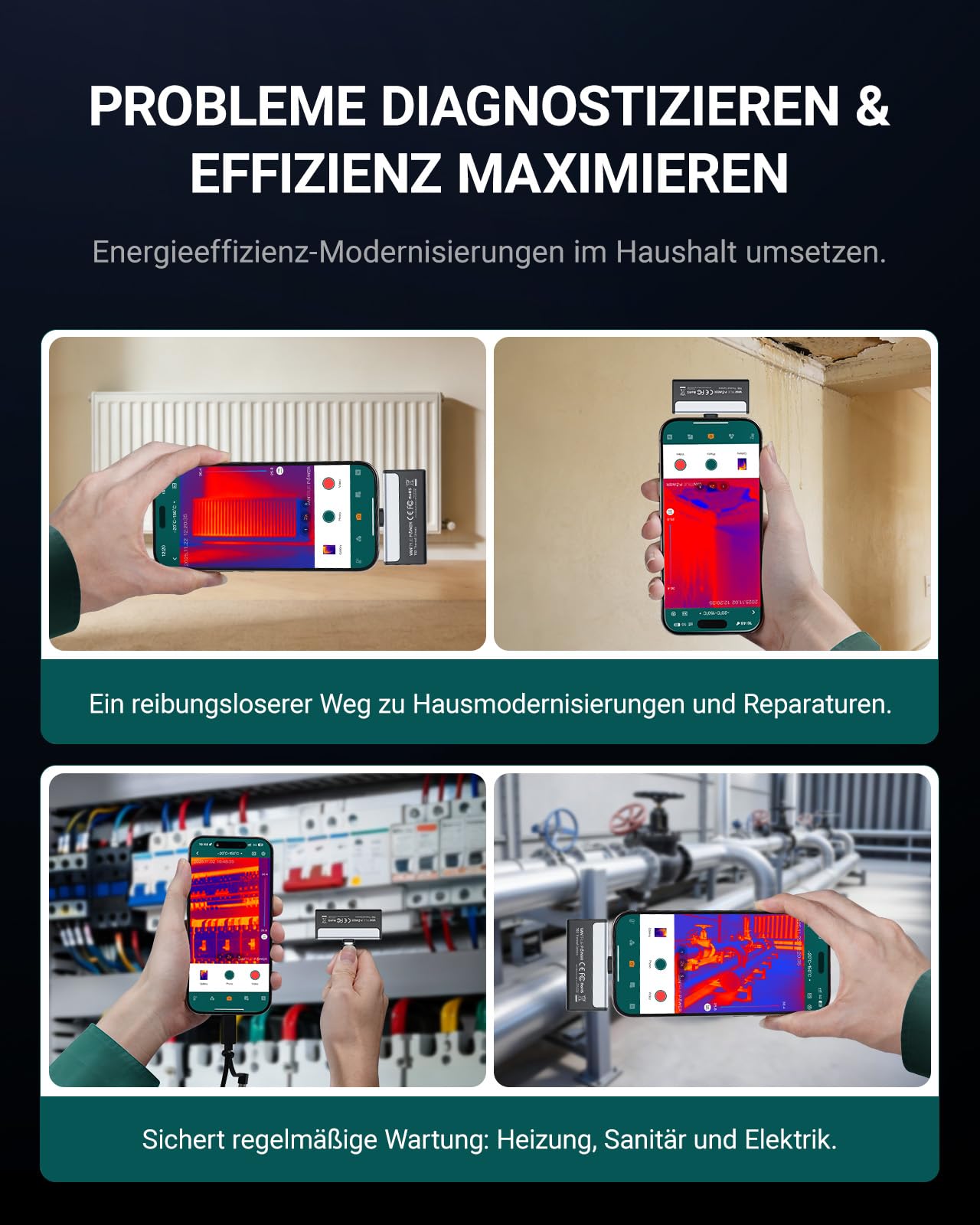 TS2 Wärmebildkamera Thermalkamera für iPhone & Android, 512x384 Superauflösung, Infrarotkamera 8 mm manuellem Makrofokus, für die Inspektion Haushalts Heizung Jagd Handwerker, Familie