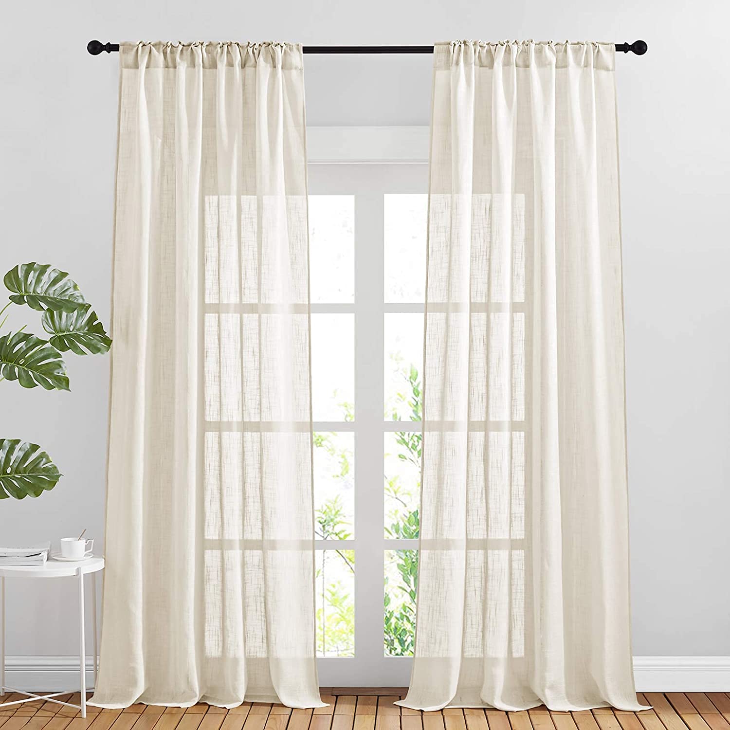 Urban Space Linen Textured Sheer Curtain for Door, 35-40% Room Darkening Curtain with Tieback and Eyelet Hanging Style, Set of 2 Decorative Curtains, Buttercream (Door - 7 ft x 4 ft)