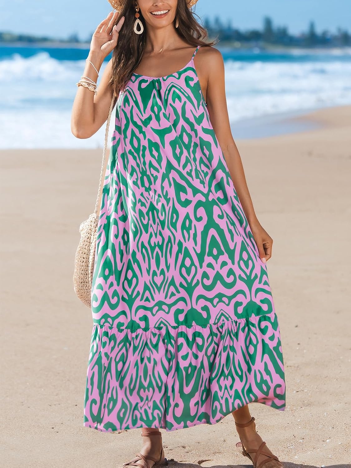 CUPSHE Women Tiered Ruffle Maxi Summer Dress Paisley Boho Spaghetti Strap Scoop Neck Casual Sundress Beach Holiday Dress - Image 6