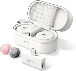 BOYA Microfone de lapela sem fio Omic-D-W para iPhone, microfone sem fio com cancelamento de ruído com clipe magnético, bateria 18H, certificado MFi, microfone de lapela para iPhone/iPad, YouTube,