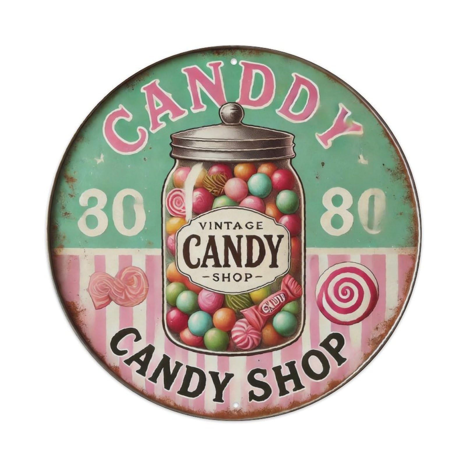Ldfuieksufg Style Round Vintage Candy Shop Decor Wall Plaque Vintage Aluminium Metal Sign, Retro Wall Decor For Home, Bar, Garage & Farmhouse 20X20cm