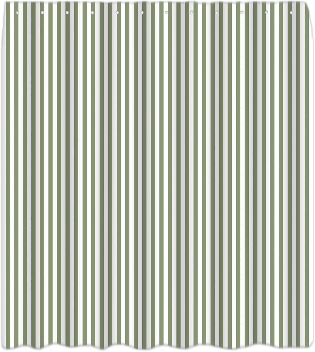 Sage Green and White Vertical Stripe Polyester Shower Curtain Classic Thin Striped Minimalist, 70Wx70H (180x180cm), Full Width for Common Master Bathroom Standard Bathtub Layout