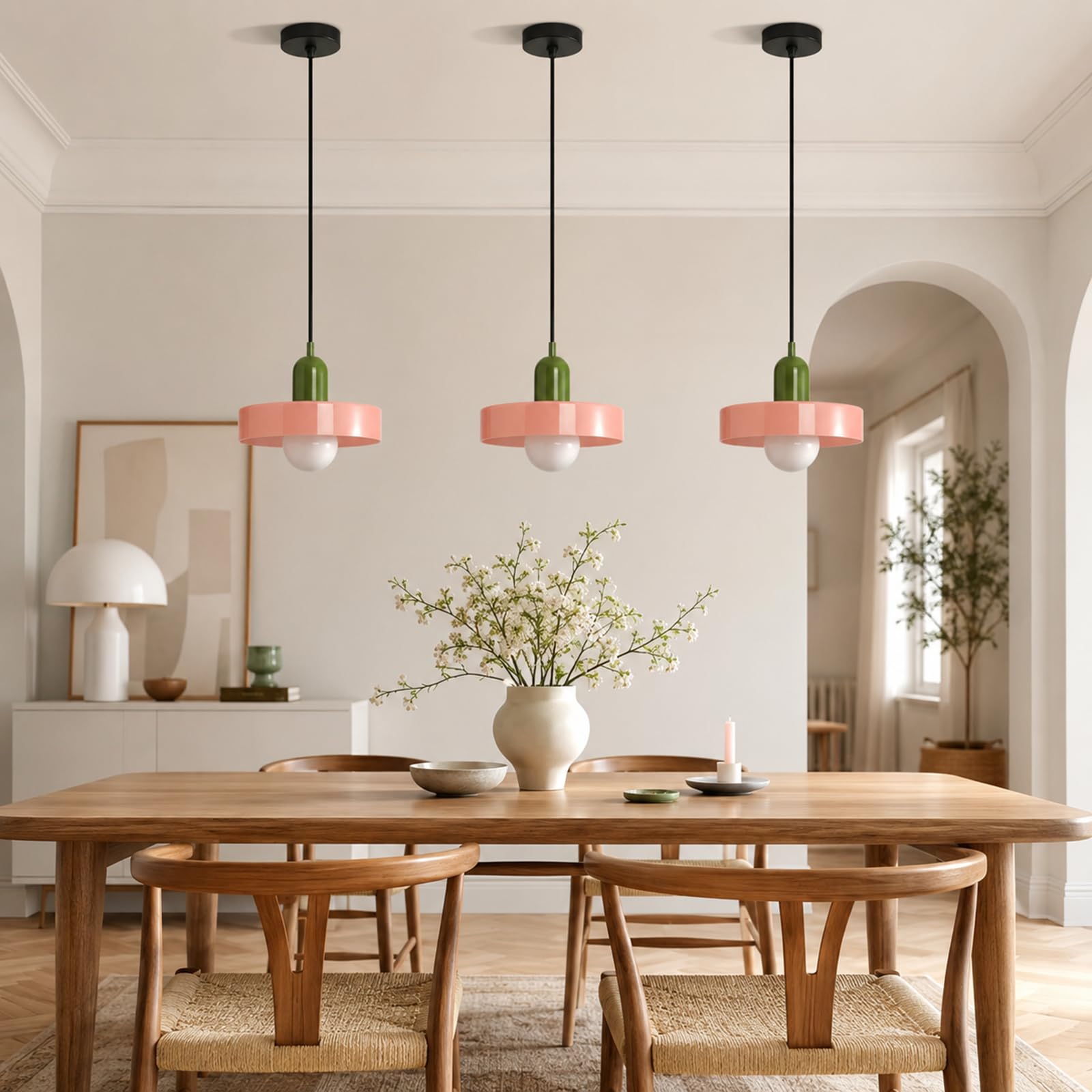 25cm Lampada a Sospensione Moderna in Vetro Rotondo, Base E27, Regolabile in Altezza, Lampadario Sospeso da Soffitto per Cucina, Sala da pranzo, Camera da letto (Rosa)