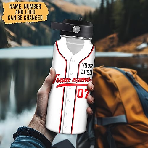 Vista 139 de Hyturtle Botella de agua de béisbol personalizada, botella de acero inoxidable aislada de viaje con tapa a prueba de fugas, 18 onzas, 32 onzas
