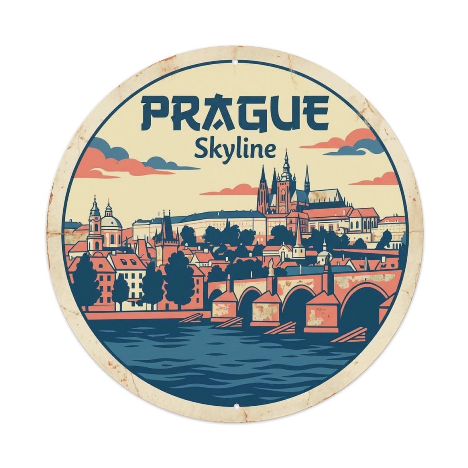 Vintage Travel Prague Czechia Waterfront Metal Tin Sign
