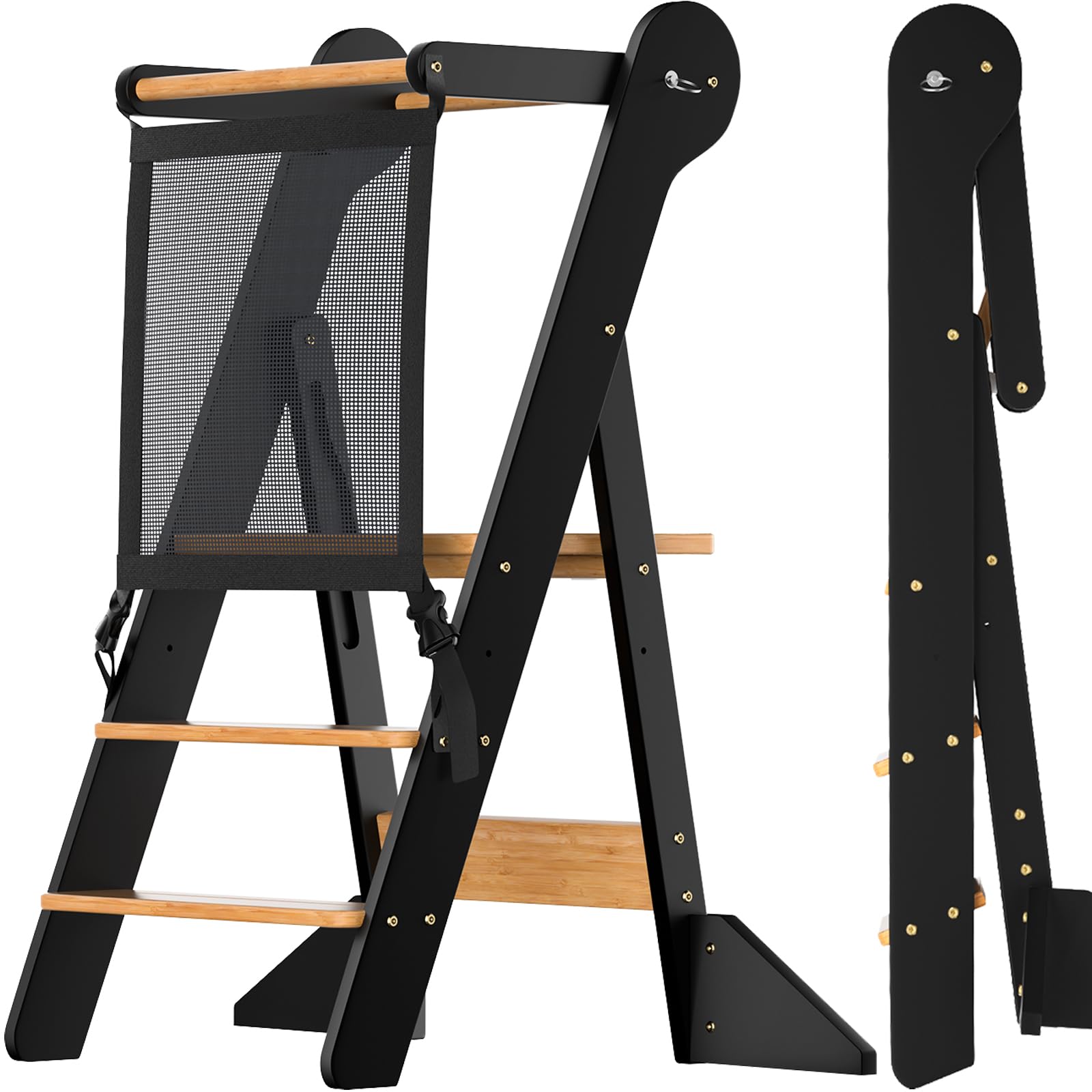 Photo 1 of ***DAMAGED PIECES***PARTS ONLY***COSYLAND Foldable Toddler Standing Tower - Adjustable Height Folding Step Stool Kid Toddler Kitchen Stool for Learning and Cooking - Ages 18 Months to 6 Years with Safety Net Natural & Charcoal