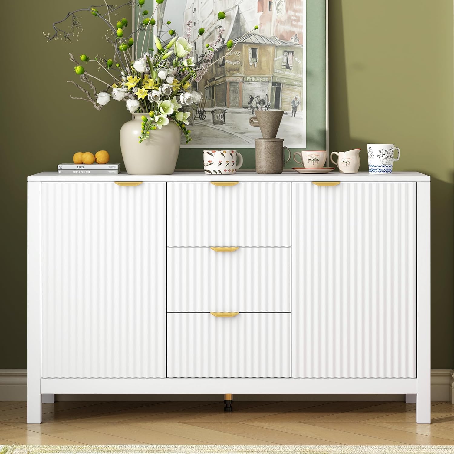 Virubi 47" Fluted Sideboard Buffet Cabinet with Storage Drawers,Doors,Adjustable Shelves and Gold Handles, Wood Modern Sideboard Accent Cabinet for Living Room,Hallway,Entryway (White)