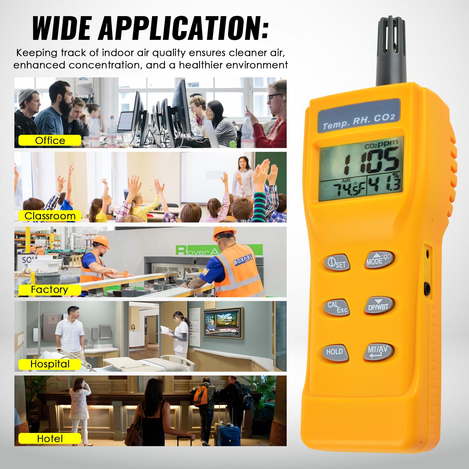 Medidor de CO2 de mano, detector de CO2, monitor digital de CO2 de 0 a 9999 ppm, medidor de temperatura y humedad, detector de dióxido de carbono con sensor NDIR, alarma de zumbador y función