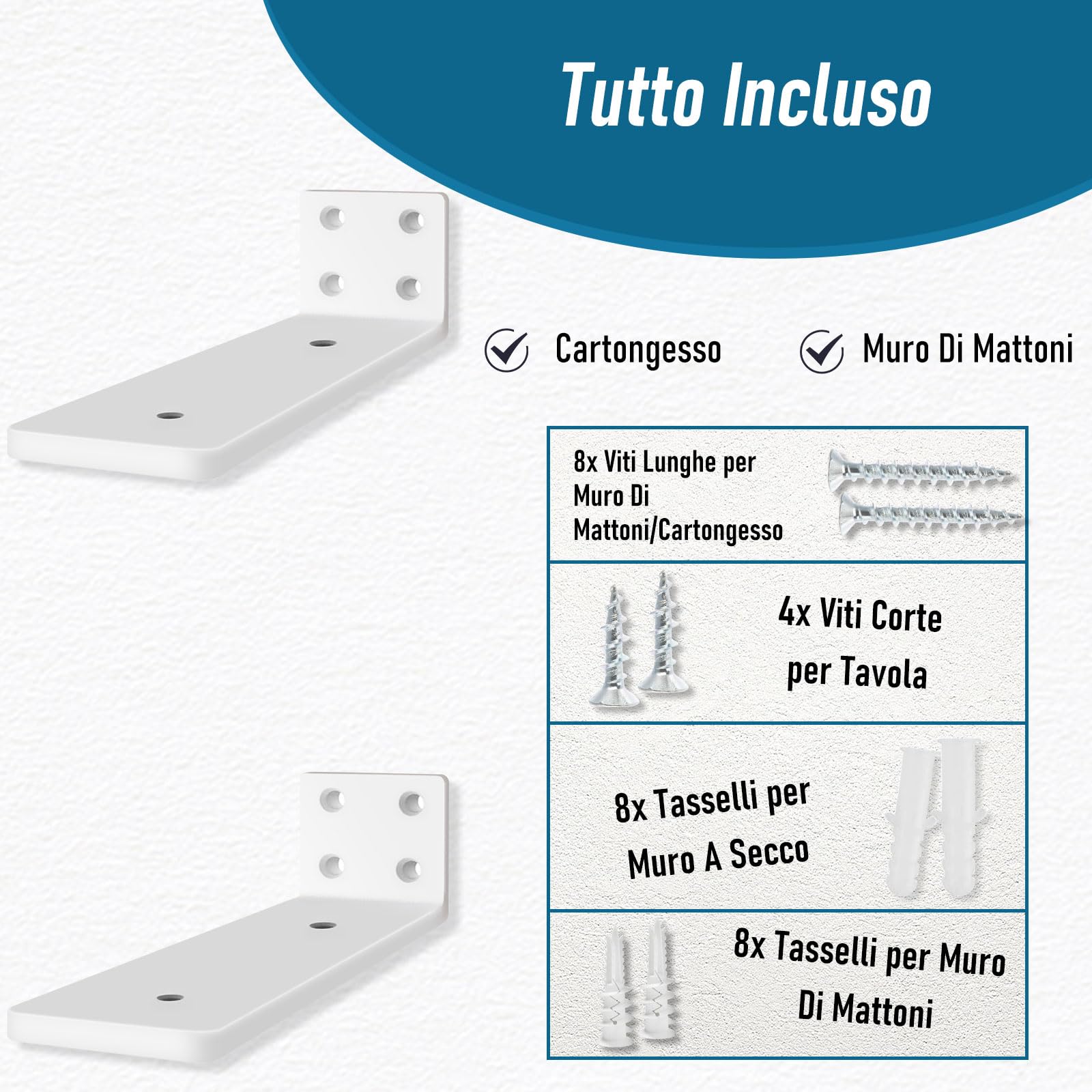 2 Pz Staffe per Mensole Pesanti, Reggimensola Supporto Reggi Mensola da Muro, Staffe a L Angolari Metallo per Montaggio Mensola Legno (Bianco, 20 cm)