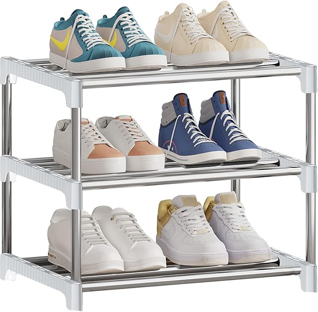 NIAWECAN Small Shoe Rack, Stackable Shoe Rack 3 Tier, Footware Storage, Lightweight Shoe Rack Storage Organizer, Sturdy Narrow Shoe Shelf for Closet Entryway Hallway