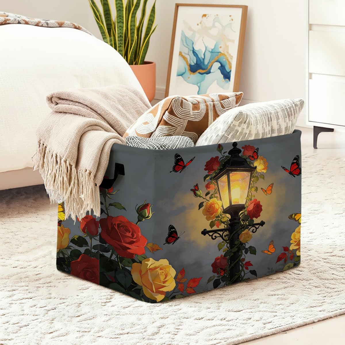 Streetlight Flower Foldable Laundry Basket Hamper with Handles, 56L Large Capacity Toy Storage Organizer, Collapsible Clothes Hamper for Home Decor and Bedroom Organization.