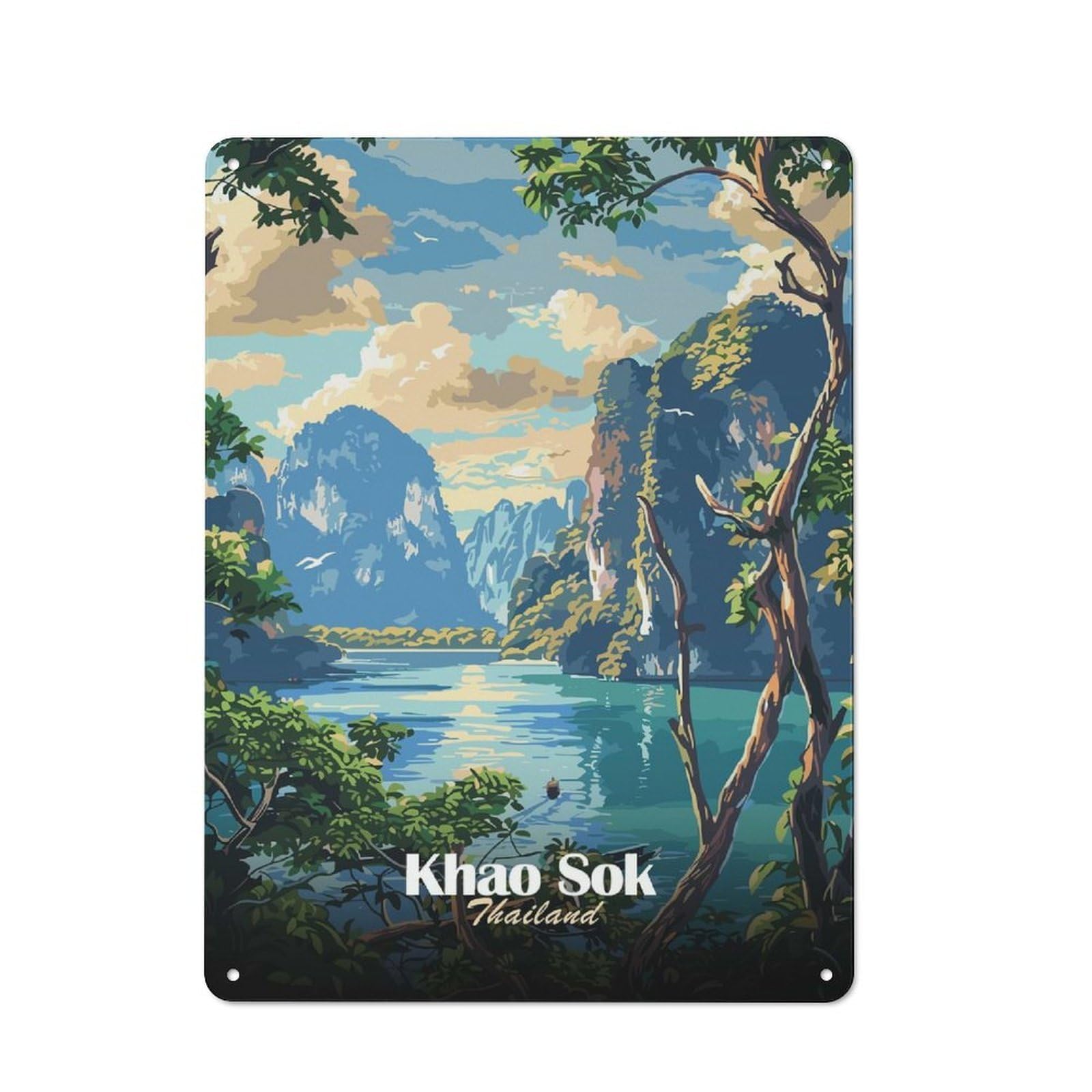 Junmoney Style-7 Tin Sign 40X30cm With Khao Sok Thailand Landscape Painting For Workshop Wall, Retro Decor, For Metal Sign Collectors, For Cafés, Pubs And Restaurants