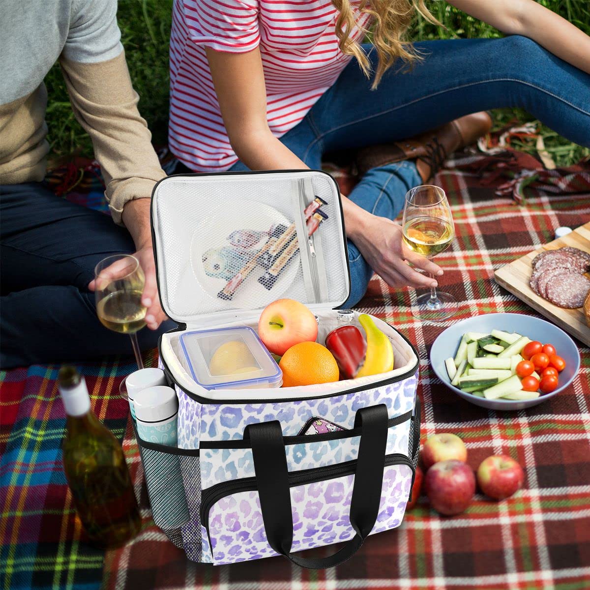 Bolsa de picnic de 15 L, 24 latas, bolsa de almuerzo aislada con teñido anudado morado leopardo para viajes, camping, barbacoa, actividades al aire libre, asas, correa para el hombro