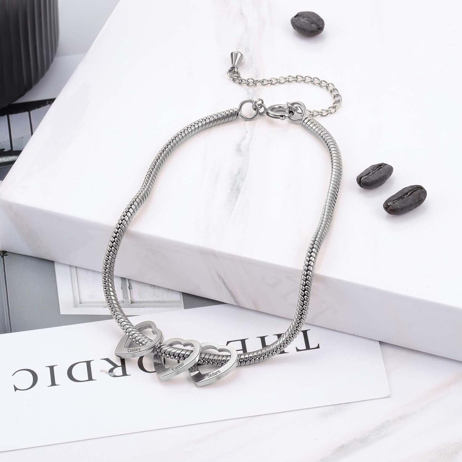 Personalized Charms Anklet for Women Inspirational Heart Anklet, Engraved 1-8 Names Anklet Bracelet, Adjustable Anklet for Mom Grandma