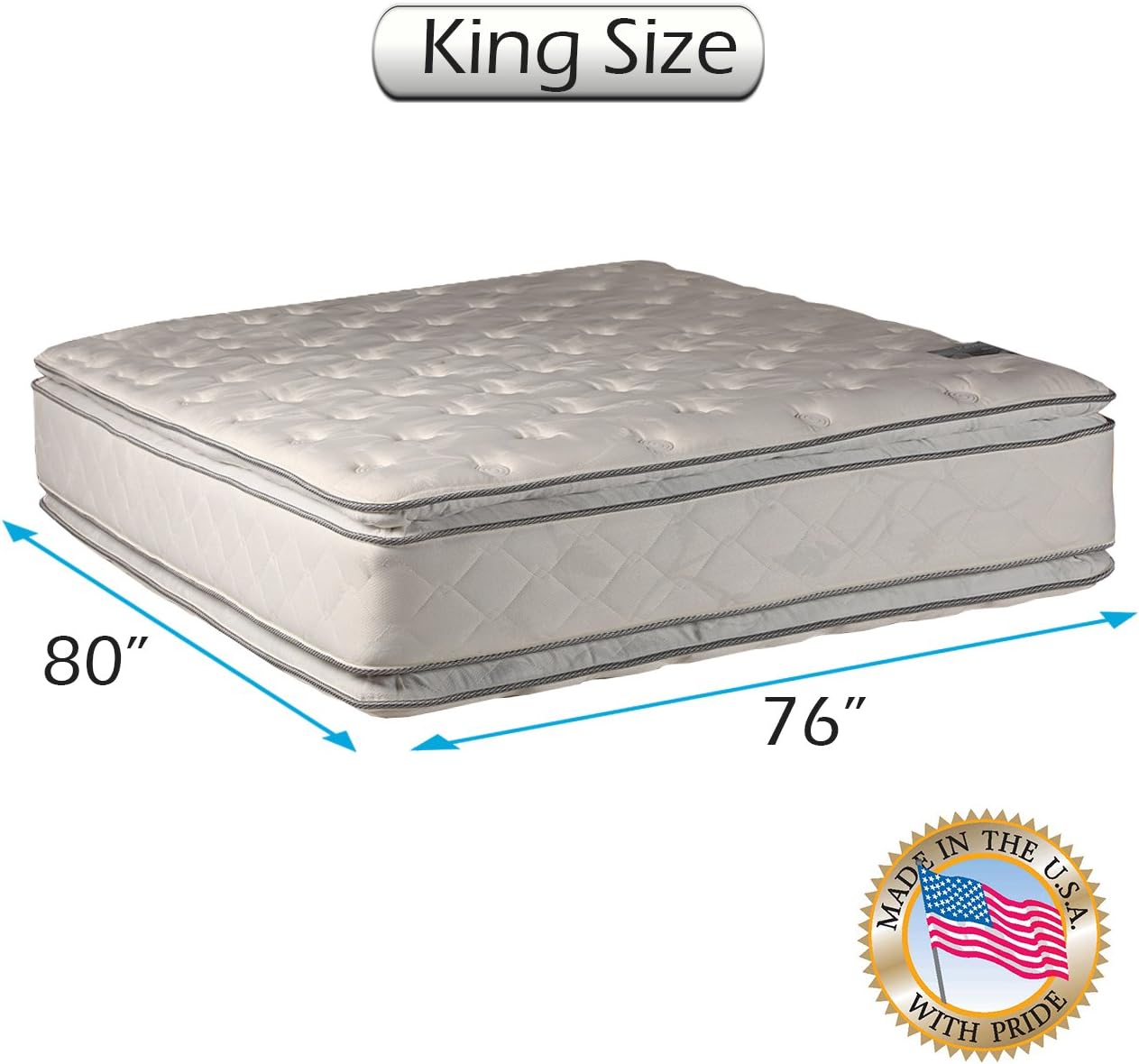 Dream Solutions USA Dream Sleep Serenity 2-Sided Medium Soft PillowTop Mattress Only with Mattress Cover Protector - Orthopedic Type, Fully Assembled, Long Lasting Comfort (King 76"x80"x12")