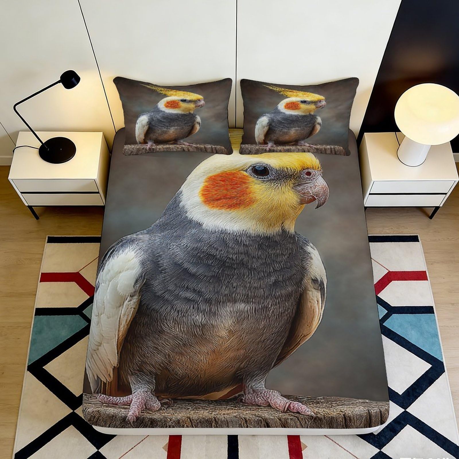 3D Printed Parrot Fitted Sheet Microfiber Deep Pocket Full Wrap Parrot Mattress Fitted Cover Non-Slip Washable for Bedroom 180x200x25cm