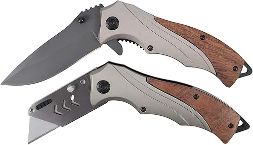 Miniatura 8 de Performance Tool W9370 Cuchillo de bolsillo con mango de madera dura con cuchillas de punta de clip y mecanismo de bloqueo de hoja, ideal para