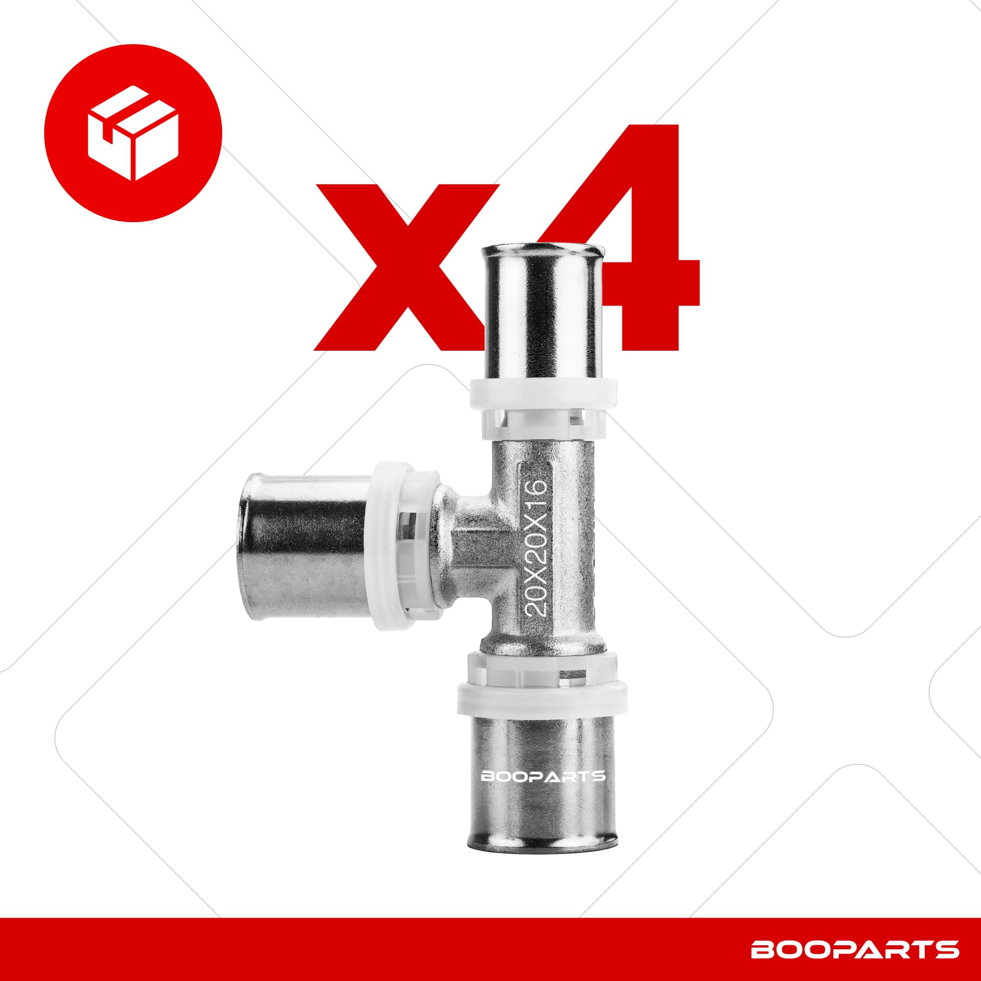Raccordo a T a Pressare 20 x 20 x 16 mm per Tubo Multistrato | Profilo TH | Ottone Nichelato | Set da 4 Pezzi