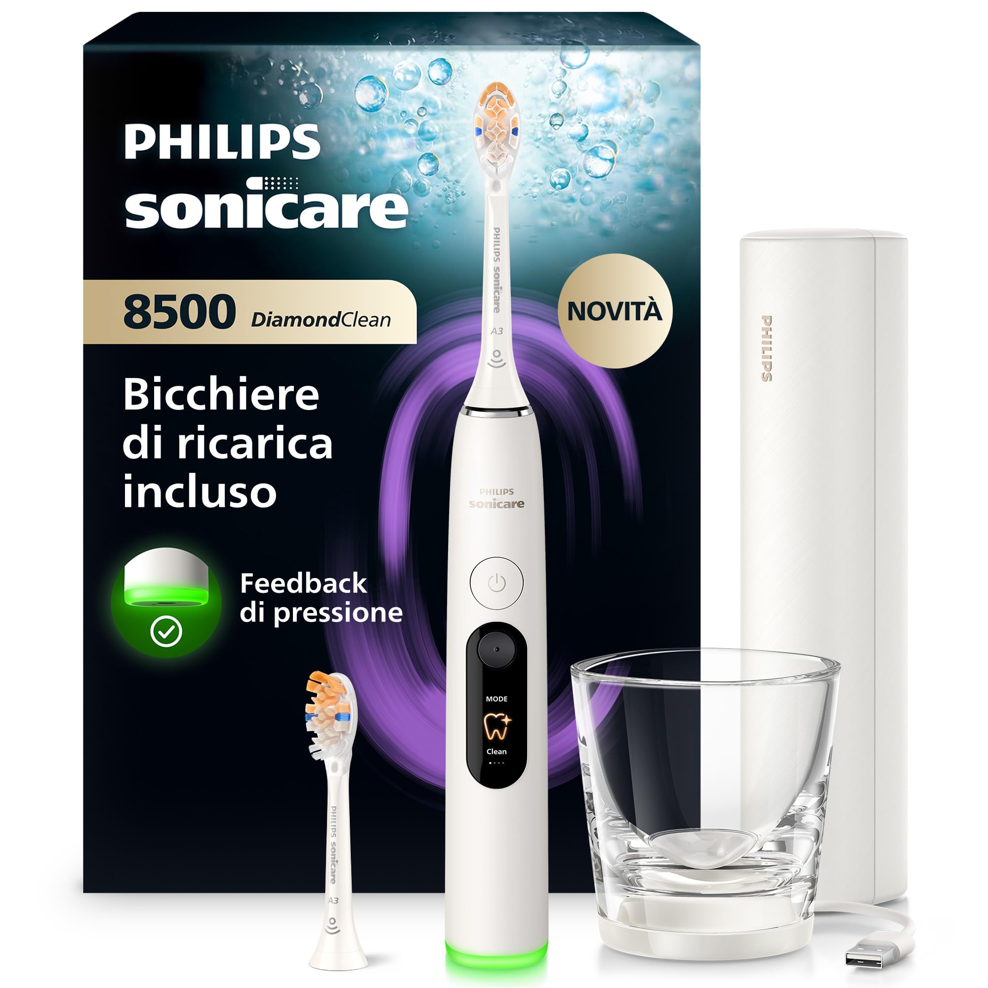 Philips Sonicare Next-Generation DiamondClean 8500 Spazzolino elettrico - con Feedback di pressione, 18 impostazioni, bianco polvere, HX8514/11